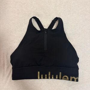 Lululemon zip up halter sports bra black with gold writing size 8